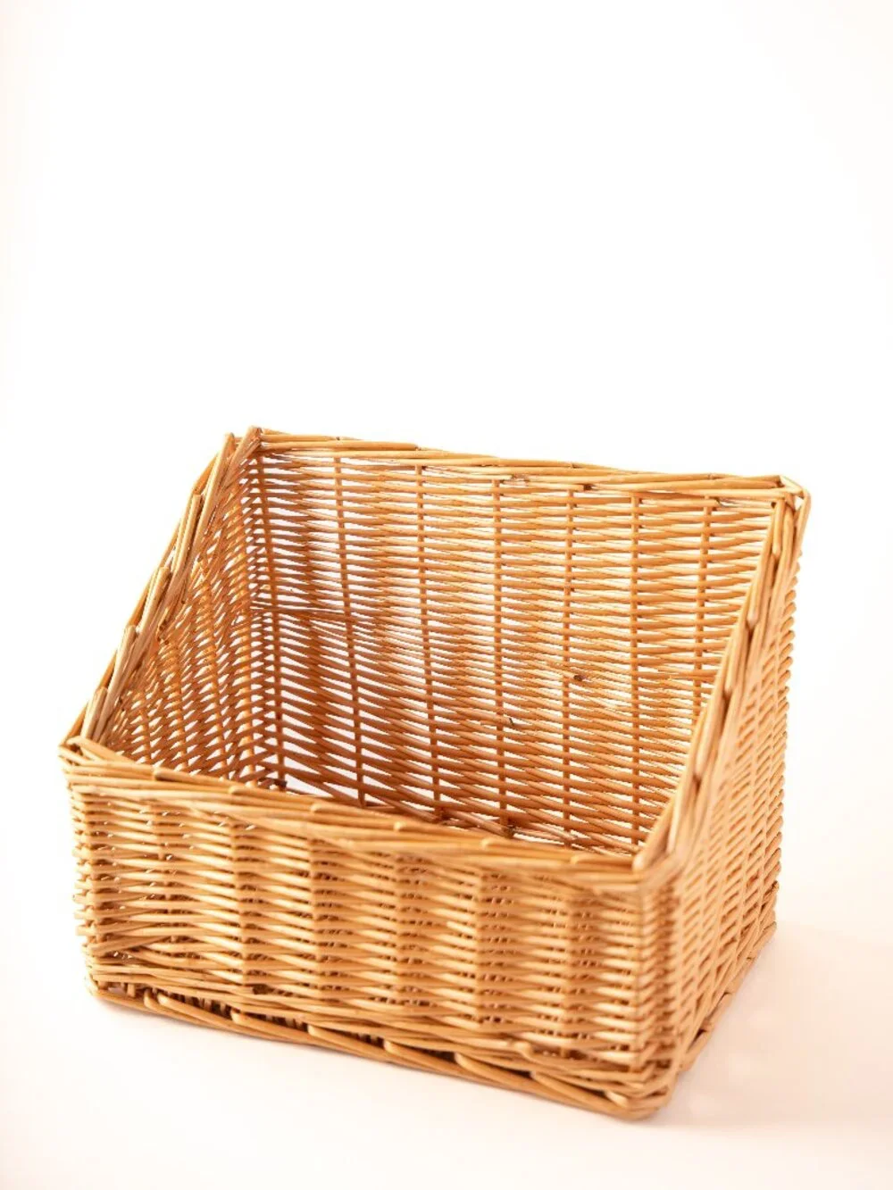 Natural wicker rectangular storage basket with a tapered design